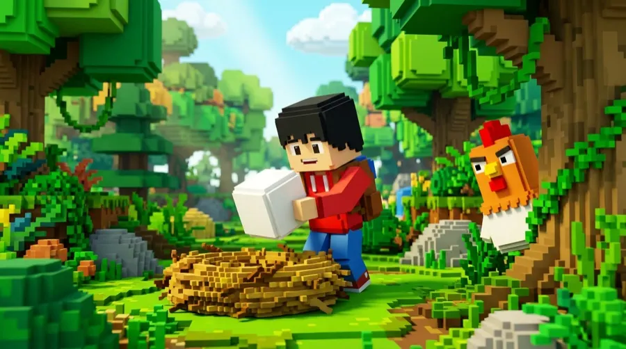 A new player lifting their first egg out of a nest in the Forest biome, watched by a Chicken guardian