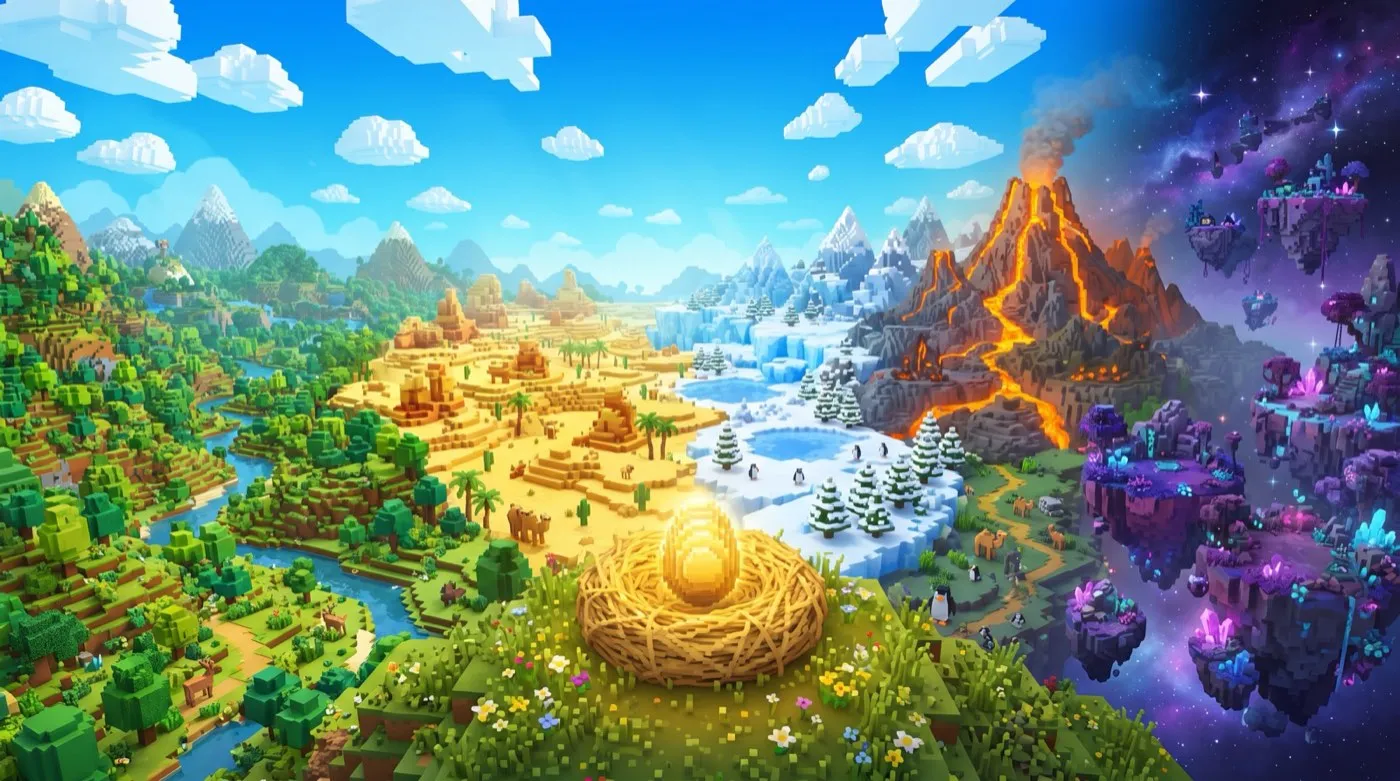 A panoramic illustrated view across the Steal An Egg biomes, from green forest through desert, snow and volcano to a cosmic zone