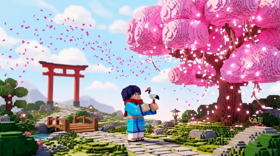 A player offering a Crane to the Cherry Blossom Tree to unlock the region