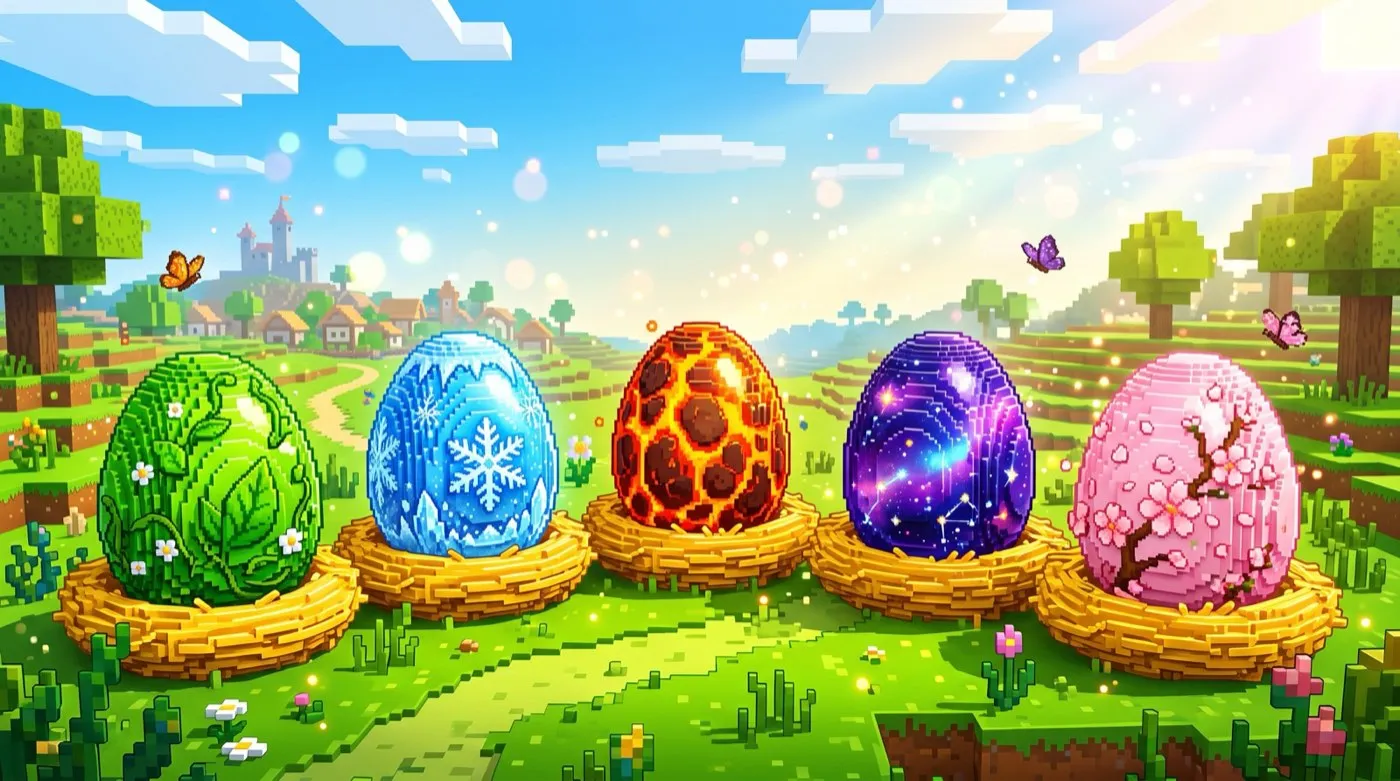 Five illustrated themed eggs in golden nests on a bright voxel meadow: leaf, ice, lava, galaxy and cherry blossom