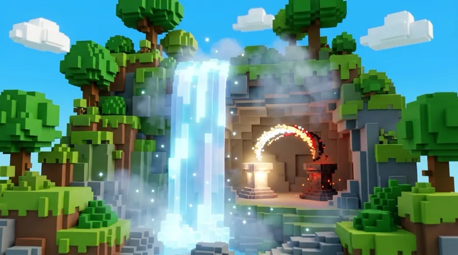 A hidden shrine behind a waterfall with one pedestal glowing gold and one glowing red
