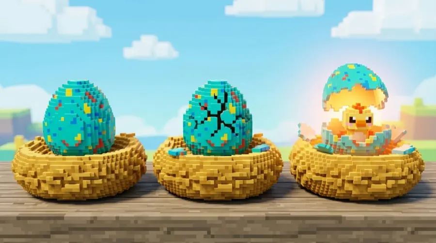 Three eggs in nests at different hatch stages, one intact, one cracked, one hatching