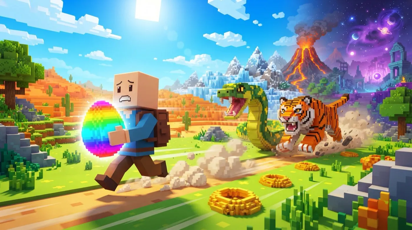 A blocky character sprinting away with a stolen rainbow egg while a snake and a tiger give chase, with the game's biomes stretching into the distance
