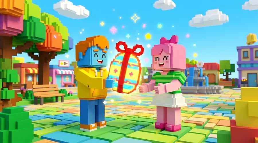 Two blocky players in a sunny plaza, one handing a large ribboned egg to the other