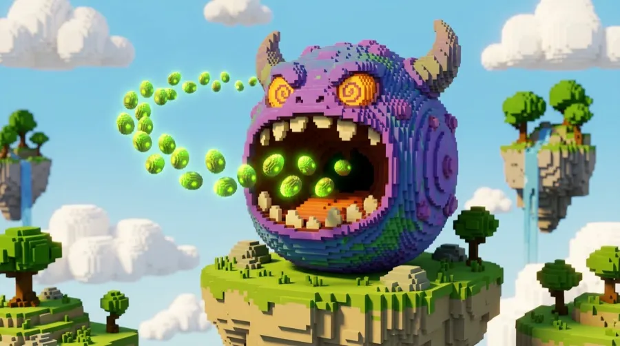 The Hungry Monster with infested eggs floating toward its open mouth