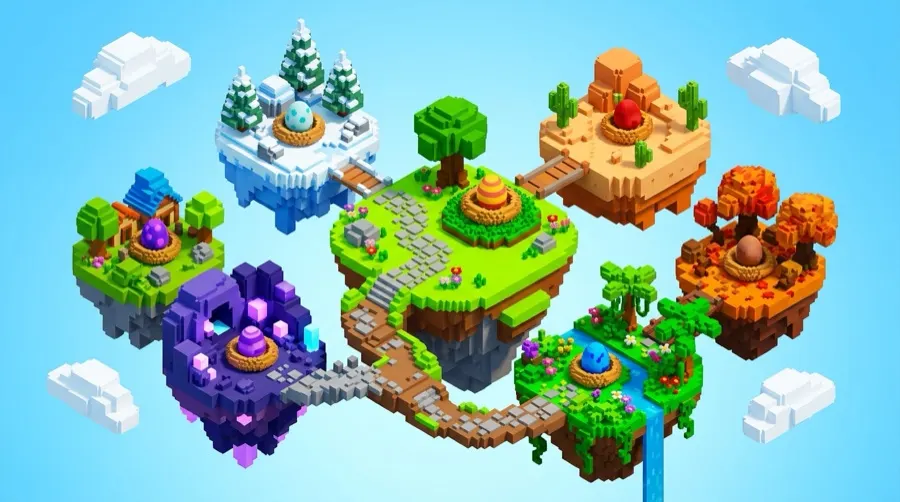 An overhead view of the biomes as small islands, each holding a nest