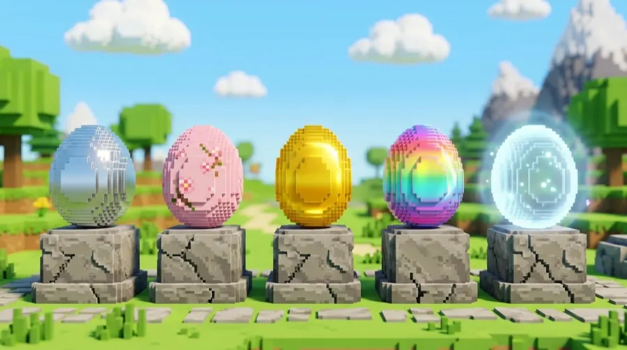 Five eggs side by side showing the Silver, Bloom, Golden, Rainbow and Spirit Bloom finishes