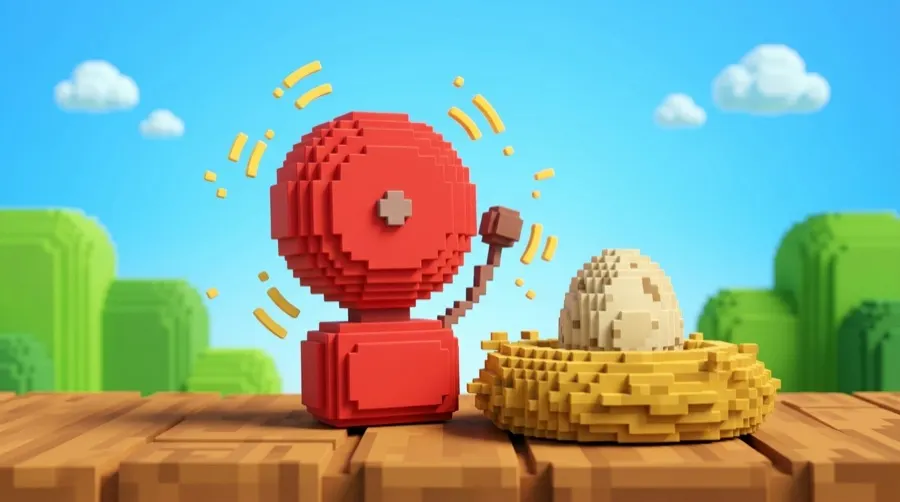 An alarm bell ringing beside a nest with an egg in it