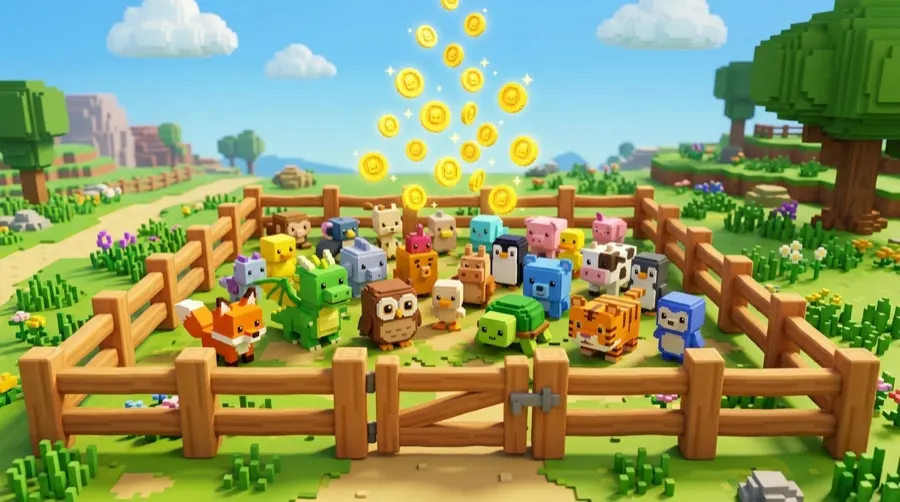 A pen full of different Steal An Egg pets with coins rising above them