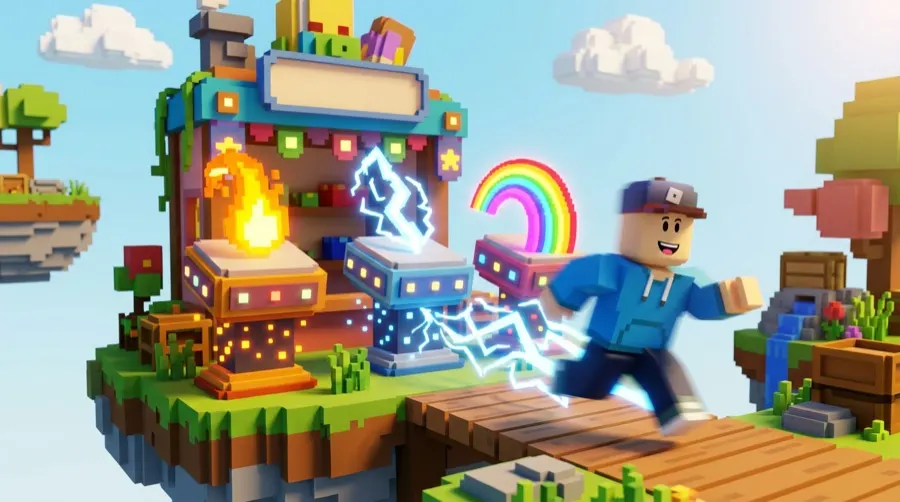 The trail shop with Speed trails on pedestals and a player blurring into motion