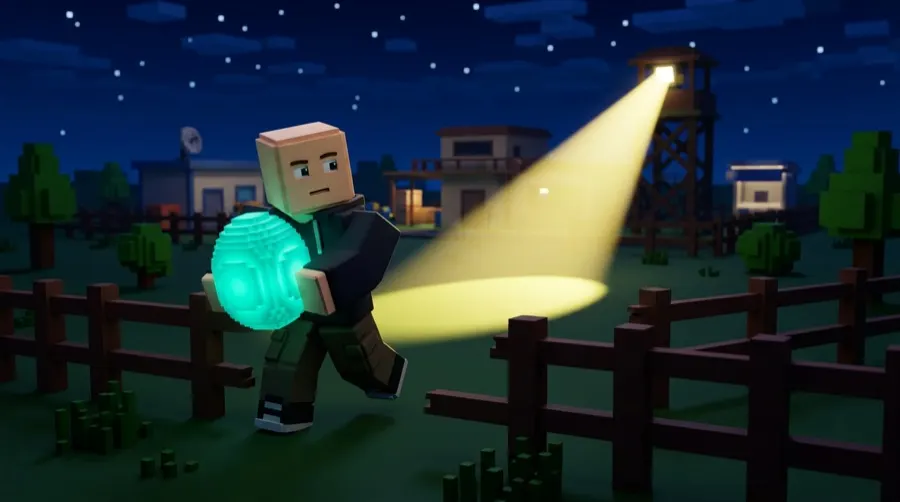 A player sneaking an egg out of another player's base at night under a searchlight